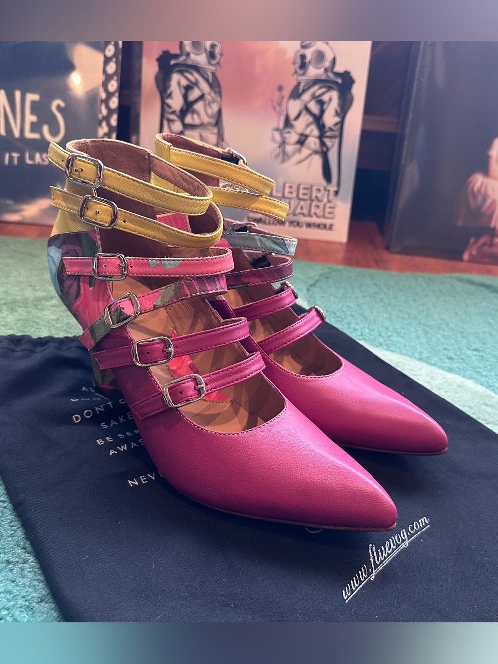 Fluevog NEW NO BOX Bop Watusi strappy pink/yellow/floral buckle heel-9 (fit 8.5)
